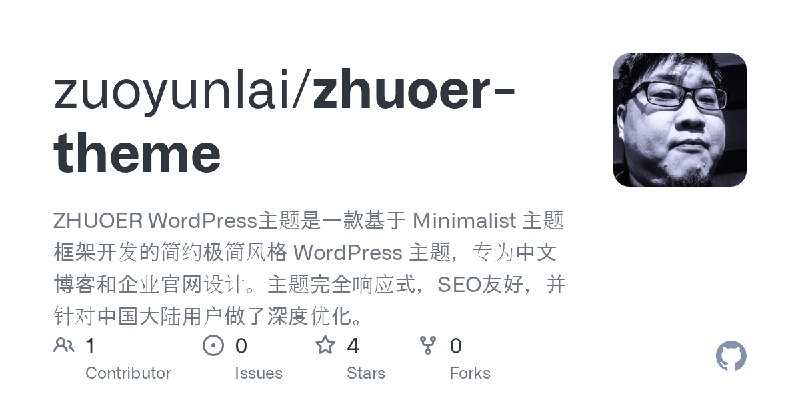 GitHub - zuoyunlai/zhuoer-theme: ZHUOER WordPress主题是一款基于 Minimalist 主题框架开发的简约极简风格 WordPress 主题，专为中文博客和企业官网设计。主题完全响应式，SEO友好，并针对中国大陆用户做了深度优化。