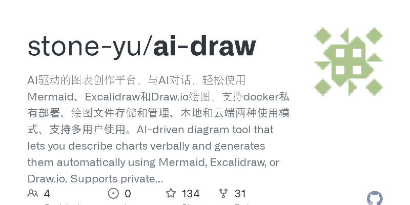 GitHub - stone-yu/ai-draw: AI驱动的图表创作平台，与AI对话，轻松使用Mermaid、Excalidraw和Draw.io绘图，支持docker私有部署、绘图文件存储和管理、本地和云端两种使用模式、支持多用户使用。AI-driven…