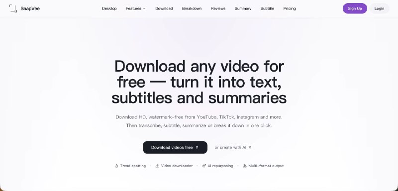 免费高清下载 YouTube/TikTok/抖音 视频，一键转文字、字幕、总结 | SnapVee