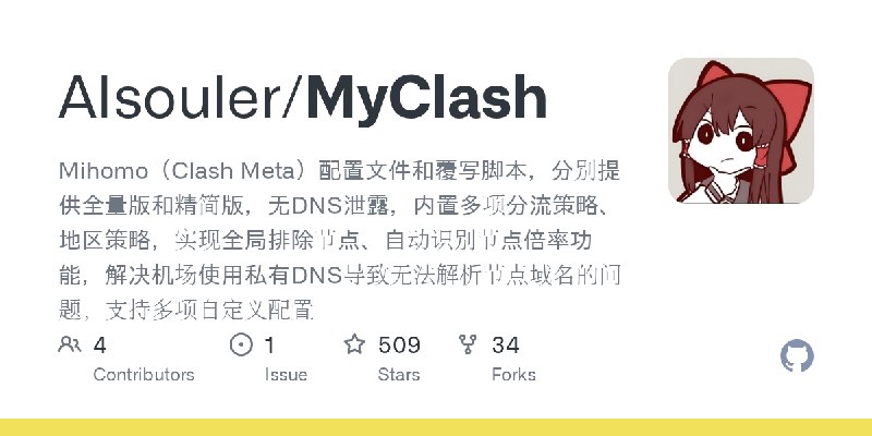 GitHub - AIsouler/MyClash: Mihomo（Clash Meta）配置文件和覆写脚本，分别提供全量版和精简版，无DNS泄露，内置多项分流策略、地区策略，实现全局排除节点、自动识别节点倍率功能，解决机场使用私有DNS导致无法解析节…