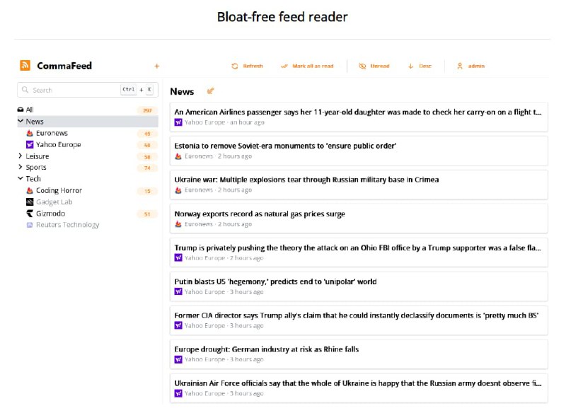 #rss #发现带有PWA的开源RSS聚合阅读器CommaFeed，支持分组、导入导出OPML，搜索关键词、更改主题样式、独立的浏览器扩展、API接入、嵌入CSS及JS目前我在使用时没有限制订阅源的数量访问：