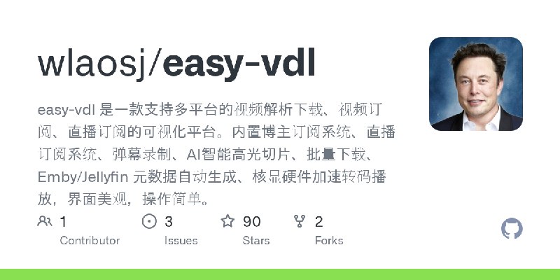 GitHub - wlaosj/easy-vdl: easy-vdl 是一款支持多平台的视频解析下载、视频订阅、直播订阅的可视化平台。内置博主订阅系统、直播订阅系统、弹幕录制、AI智能高光切片、批量下载、Emby/Jellyfin 元数据自动生成、核显…