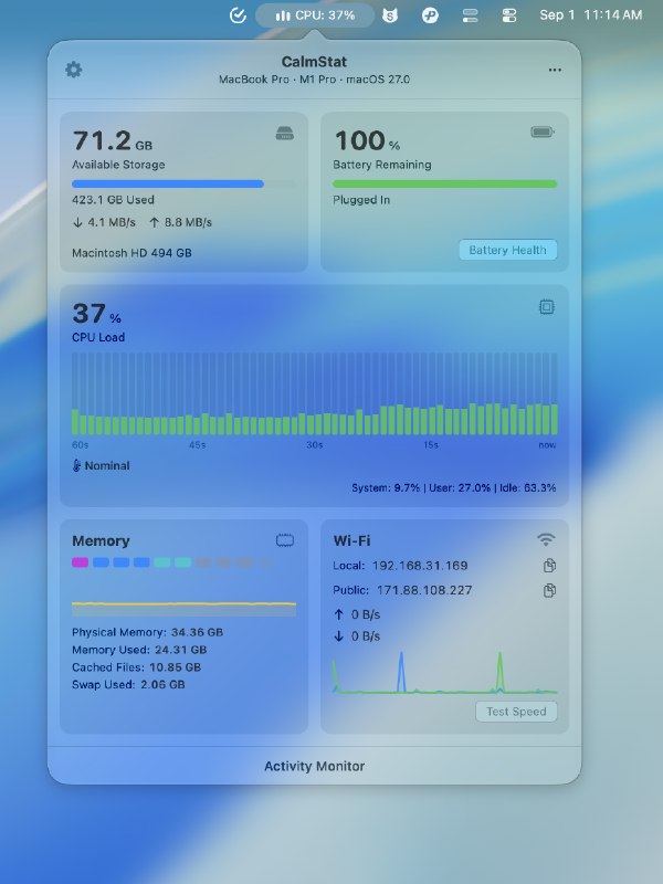 CalmStat — Mac 菜单栏系统监控与桌面小组件