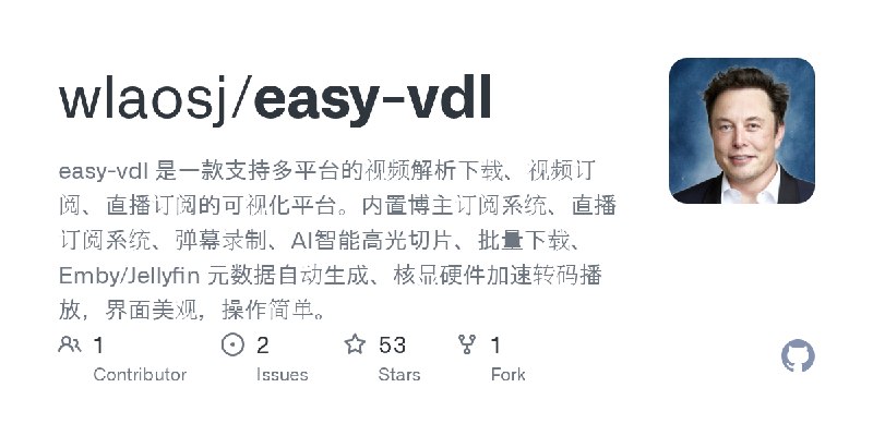 GitHub - wlaosj/easy-vdl: easy-vdl 是一款支持多平台的视频解析下载、视频订阅、直播订阅的可视化平台。内置博主订阅系统、直播订阅系统、弹幕录制、AI智能高光切片、批量下载、Emby/Jellyfin 元数据自动生成、核显…