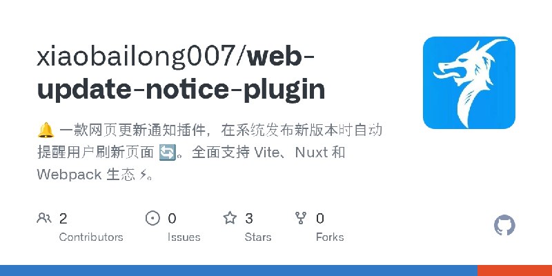 GitHub - xiaobailong007/web-update-notice-plugin: 🔔 一款网页更新通知插件，在系统发布新版本时自动提醒用户刷新页面 🔄。全面支持 Vite、Nuxt 和 Webpack 生态 ⚡。