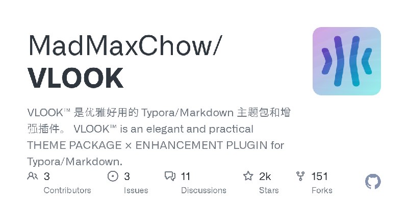 GitHub - MadMaxChow/VLOOK: VLOOK™ 是优雅好用的 Typora/Markdown 主题包和增强插件。  VLOOK™ is an elegant and practical THEME PACKAGE × ENHANCEMENT…