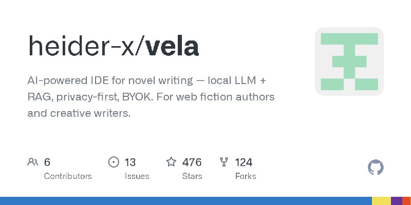 GitHub - heider-x/vela: AI-powered IDE for novel writing — local LLM + RAG, privacy-first, BYOK. For web fiction authors and creative…