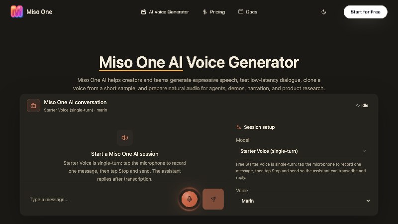 Miso One AI 语音生成器——在线对话音频生成、声音克隆测试、提示词审阅与语音样本下载工作台