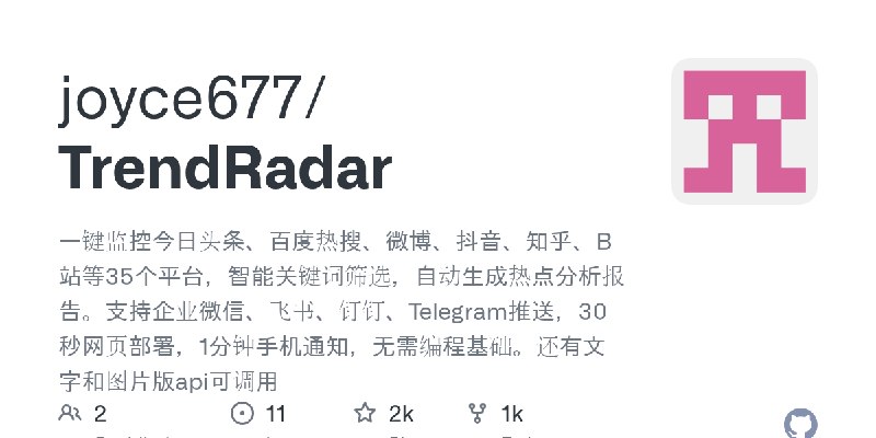 GitHub - joyce677/TrendRadar: 一键监控今日头条、百度热搜、微博、抖音、知乎、B站等35个平台，智能关键词筛选，自动生成热点分析报告。支持企业微信、飞书、钉钉、Telegram推送，30秒网页部署，1分钟手机通知，无需编程基…