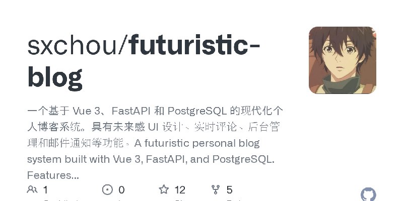 GitHub - sxchou/futuristic-blog: 一个基于 Vue 3、FastAPI 和 PostgreSQL 的现代化个人博客系统。具有未来感 UI 设计、实时评论、后台管理和邮件通知等功能。A futuristic personal…