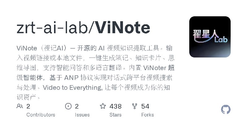 GitHub - zrt-ai-lab/ViNote: ViNote（视记AI）— 开源的 AI 视频知识提取工具。输入视频链接或本地文件，一键生成笔记、知识卡片、思维导图，支持智能问答和多语言翻译。内置 ViNoter 超级智能体，基于 ANP 协议…