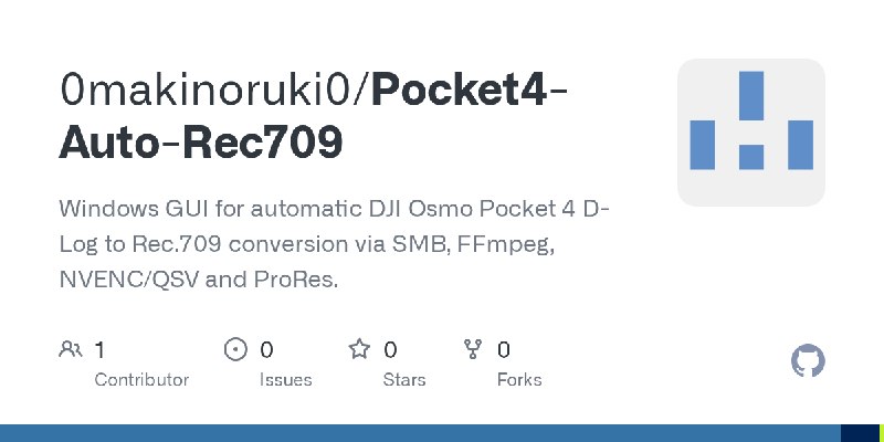 GitHub - 0makinoruki0/Pocket4-Auto-Rec709: Windows GUI for automatic DJI Osmo Pocket 4 D-Log to Rec.709 conversion via SMB, FFmpeg…