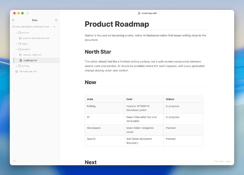 Markra 一个完全开源、免费使用的 Markdown 编辑器，围绕所见即所得写作体验构建
