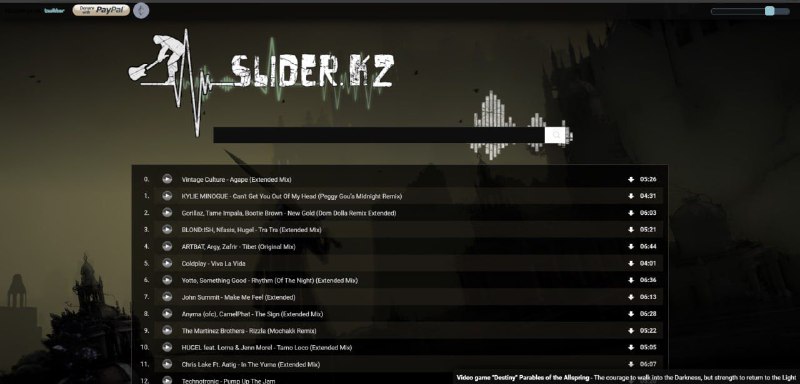 sliderkz在线免费音乐搜索下载工具，可以搜索下载全球的音乐资源，无需注册登陆即可试听播放和下载音乐，下载格式是mp3视频格式