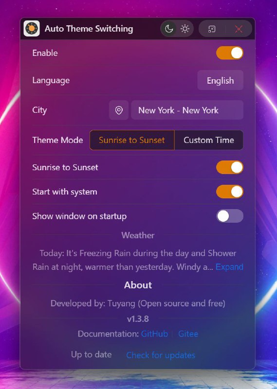 Windows 自动主题Windows AutoTheme 一个轻量级的 Windows 主题自动切换工具，支持系统在日间使用浅色模式，夜间切换为深色模式