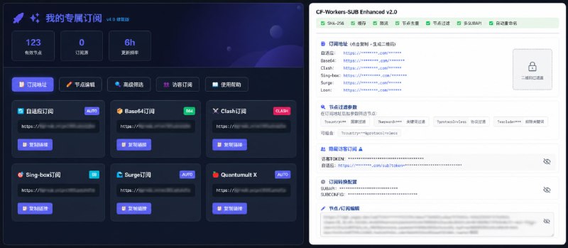 这是2个版本 成功部署之后的截图  下面是简单的部署过程  📌 部署（精简版）复制1️⃣ 创建 KVCloudflare → KV → 新建：sub_data（可以自定义）2️⃣ 创建 WorkerWorkers → 创建 → 名称：my-sub → 部署3️⃣ 粘贴代码编辑代码 → 删除默认 → 粘贴 → 保存部署4️⃣ 绑定 KV设置 → 变量 → KV绑定  变量名：KV → 选择 sub_data5️⃣ 环境变量变量名：TOKEN  值：自定义密码（如123456）6️⃣ 重新部署⚠️ 必须重新部署才生效7️⃣ 访问测试