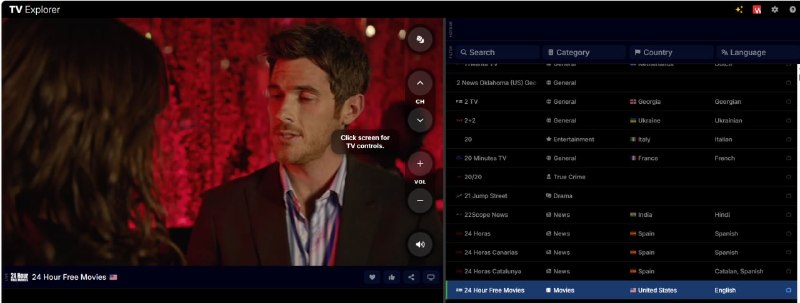 TV Explorer 一个聚合全球 10,000+ 免费直播频道的在线播放器，覆盖 欧洲、亚洲、北美、南美、中东、非洲、澳洲 等地区，频道来自开源 IPTV 项目，全部为合法公开的免费信号