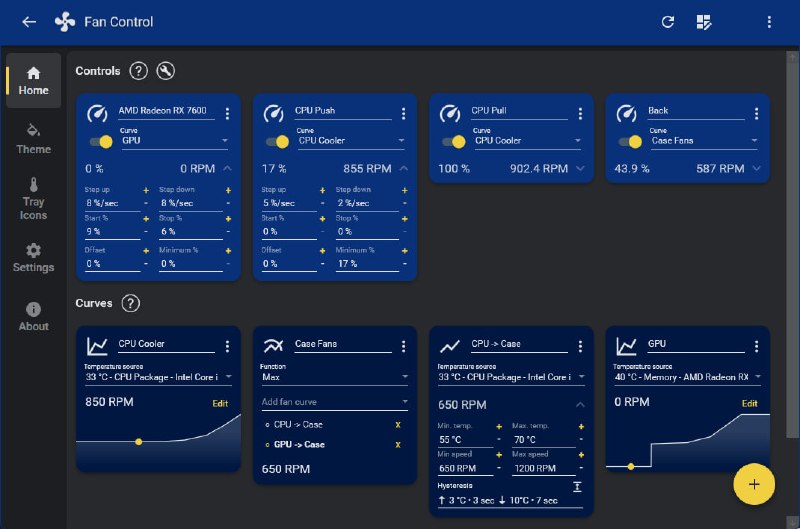 Fan Control一款专注于 Windows 平台的高自由度风扇控制软件，支持 CPU、GPU、机箱风扇以及部分水冷设备的统一管理，通过自定义风扇曲线实现更安静、更智能的散热控制；相比主板厂商自带的软件，它提供了更细致的调节能力，包括温度混合控制、多曲线联动、风扇校准、响应时间、滞后（Hysteresis）以及 RPM 模式等高级功能，同时资源占用极低，无需安装即可运行，是许多 DIY 玩家与高性能电脑用户公认的“装机必备神器”之一