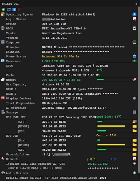 NWinfo | Windows 硬件信息工具一个 Win32 程序，允许您获取系统和硬件信息