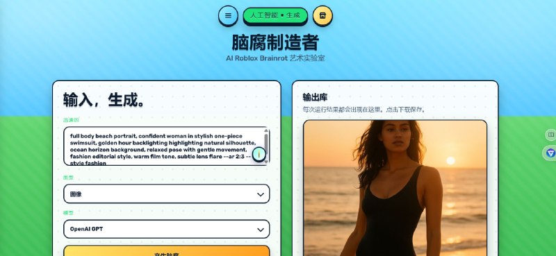 🧠 脑腐制造者（BrainrotMaker）  AI 搞怪图像生成工具📌 工具介绍：  一个趣味 AI 图像生成工具，  可生成“脑腐风格”或魔性搞怪图片，适合整活和娱乐创作