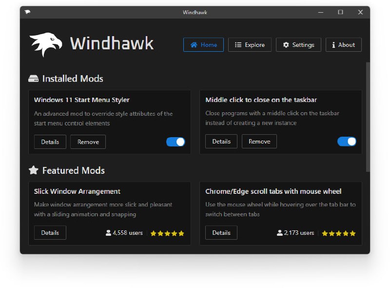 Windhawk 一个为 Windows 操作系统与应用提供扩展(mods) 的平台，让你无需编程也能个性化系统体验