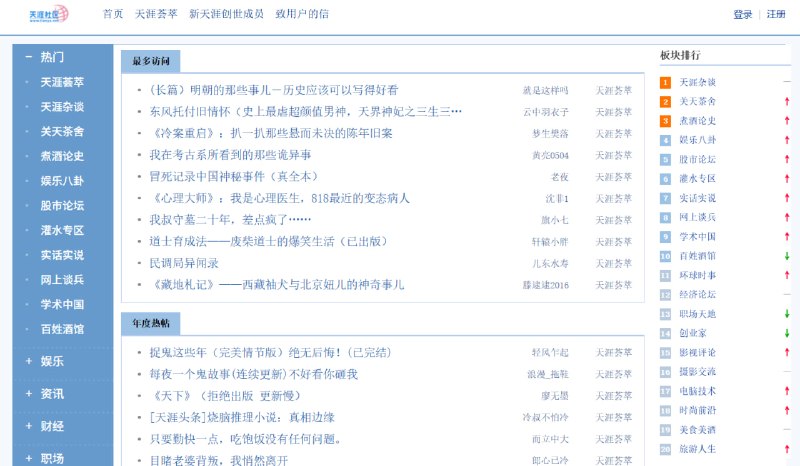 天涯虚拟社区天涯社区正在恢复元气，依旧保留了丰富的版块与经典内容