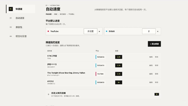 一个B站、油管的倍速插件看视频调倍速已经成了习惯，但几乎每个视频都需要调整一次，这个插件可以针对每个 up 主单独设定这个频道的默认播放速度，很好用～