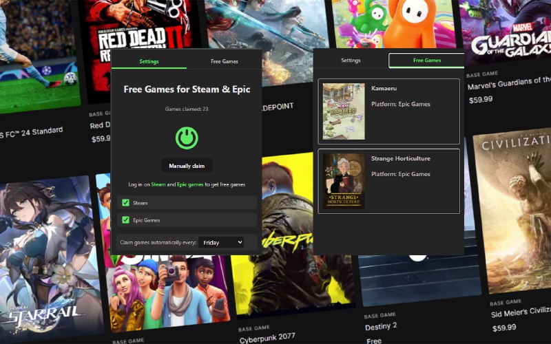 Free Game Claimer for Steam & Epic用于领取 Epic Games 商城免费游戏的脚本每周从 Steam 和 Epic Games 领取免费游戏！立即开始获取免费游戏吧！本扩展程序将自动打开 Steam 与 Epic Games 网站，并自动领取所有当前可领取的免费游戏