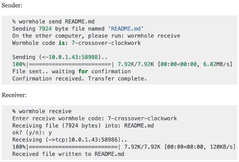 magic-wormhole简单安全的点对点文件传输工具这是一款用 Python 编写的命令行工具，它利用 PAKE 加密算法，在两台电脑之间建立一次性点对点连接，并进行安全加密传输