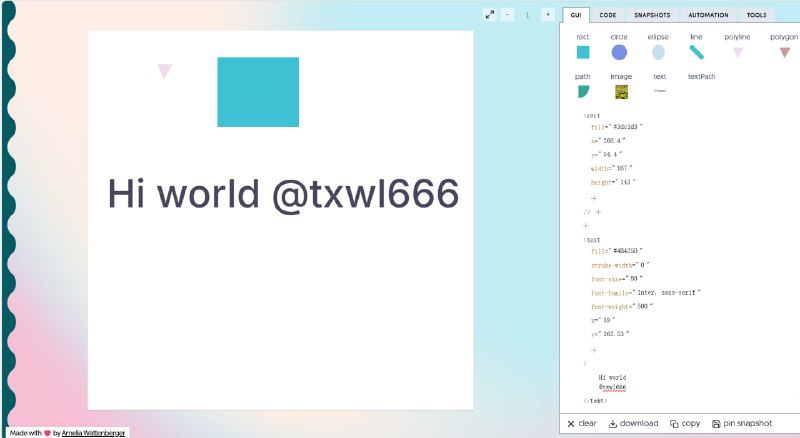 SVG WTF：可视化学习 SVG 的交互式工具一个专门用于学习和调试 SVG（可缩放矢量图形）的在线工具，通过可视化界面让用户直观地理解 <rect>、<circle>、<path> 等图形元素的作用，并实时查看对应的 SVG 代码变化
