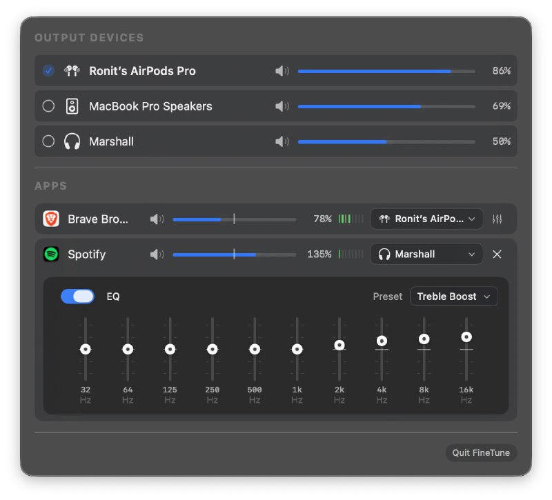 FineTune | macOS 专属的高级音频混音与音量控制工具一款专为 macOS 打造的开源菜单栏应用，填补了系统原生音频控制的空白