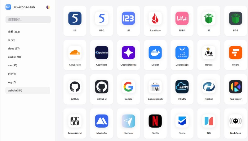 XG-icons-Hub 一个图标资源集合平台，提供多种类别的图标搜索与下载功能，包括 AI、云服务、Docker、NAS、PT、网站等，共计 332 个分类