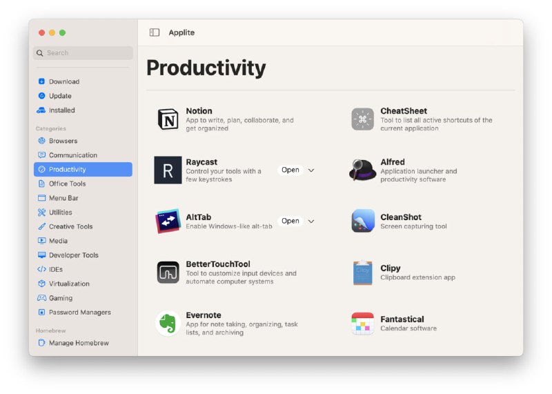 Applite一个开源的 macOS 应用集市，整理了全球最常用的第三方 / 开源的 Mac 优质应用