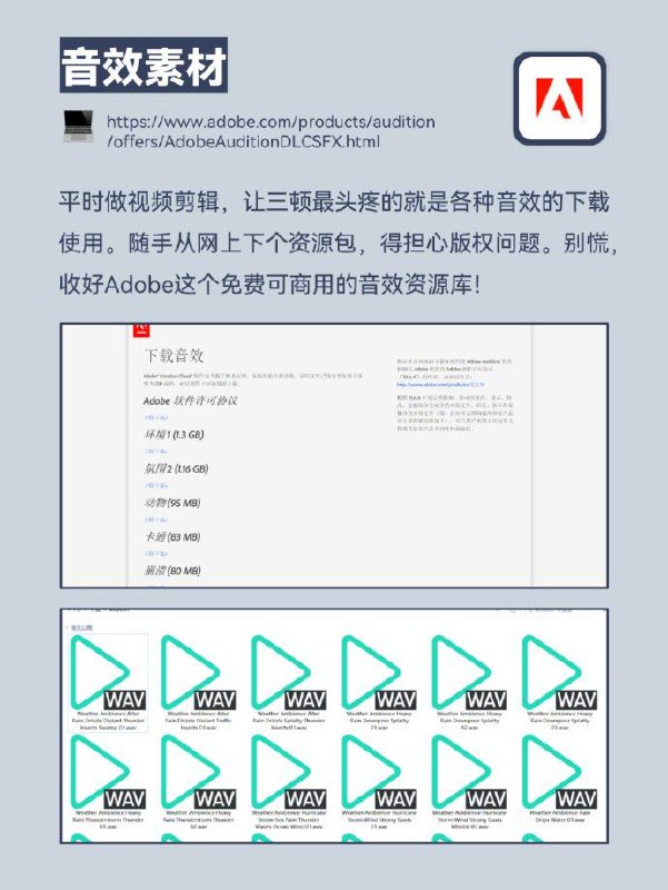 Adobe Audition Adobe® Creative Cloud® 软件包括数以千计的未压缩、免版税的音频音效