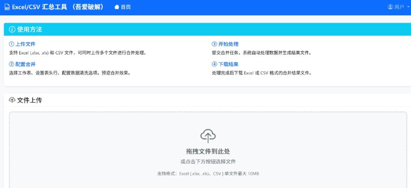 Excel/CSV批量合并工具网页版/免安装/局域网工具批量合并：支持 .xlsx / .xls / .csv 格式混合合并智能去重：自动剔除重复行、空行可视化配置：拖拽调整列顺序，实时预览效果本地运行：数据不出电脑，隐私绝对安全一键启动：双击 start.bat 即用（Win/Mac/Linux全平台）