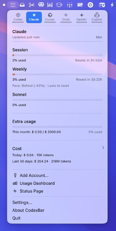 CodexBar | 无需登录即可显示 OpenAI Codex 和 Claude Code 的使用统计一个开源的 macOS 菜单栏工具，能够在本地直接读取 OpenAI Codex 与 Claude Code 的使用数据，无需登录账号即可查看 Token 消耗、请求次数与模型状态