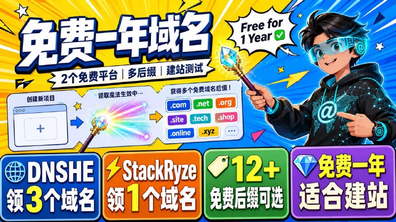 💎 免费一年域名｜2 个免费域名平台🌐 免费域名 · 多后缀 · 一年使用━━━━━━━━━━━━━━🌟 ① DNSHE｜简单快捷🌐 支持域名de5.net｜cc.cd｜bot.cdbbroot.com｜ddns.ge｜l.cd｜ccwu.cc🎁 免费额度每个账户最多可领取 3 个域名🔗 注册地址