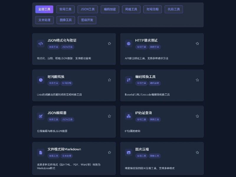 极速箱高效开发工具集成平台包括：JSON格式化与验证、HTTP请求测试、时间戳转换、编码转换（Base64/URL/Unicode）、JSON编辑器、IP地址/归属地查询、文件格式转Markdown、图片压缩工具，涵盖JSON处理、网络测试、时间日期转换、编码加密、文本及图像处理等功能