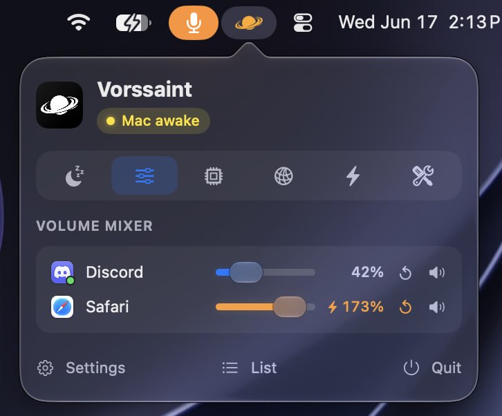 Vorssaint | macOS 菜单栏实用工具一款免费开源的 macOS 菜单栏 App，提供保持唤醒、按 App 音量、音频输出路由、系统与磁盘监控、Homebrew、剪贴板历史、窗口布局、Dock 预览等工具