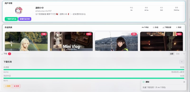 抖音下载工具支持下载视频，图文合集、Live Photo等，并且能同时开多个下载通道，不会一个卡住了后面全排队，支持windows、mac，直接下软件就行