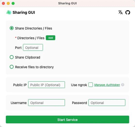 Sharing GUI 一个开源的跨设备共享文件的客户端，使用客户端启动服务，其他设备可以在 Web 下载/上传文件，客户端目前支持 macOS，即将支持 Windows/Linux，支持局域网和公网