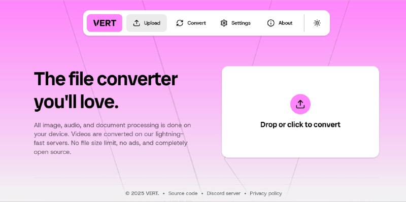#网站分享 #教程分享VERT - 开源转换神器✓ 完全本地运行(基于 WebAssembly)✓ 无文件大小限制✓ 支持 250+ 格式:图片/音频/文档/视频✓ Docker 一键部署 + 中文支持✓ 界面简洁(Svelte 开发)特别适合:- 批量转 WebP 减少网站体积- 处理敏感文件不想上传云端GitHub：VERT-sh/VERT 网址：