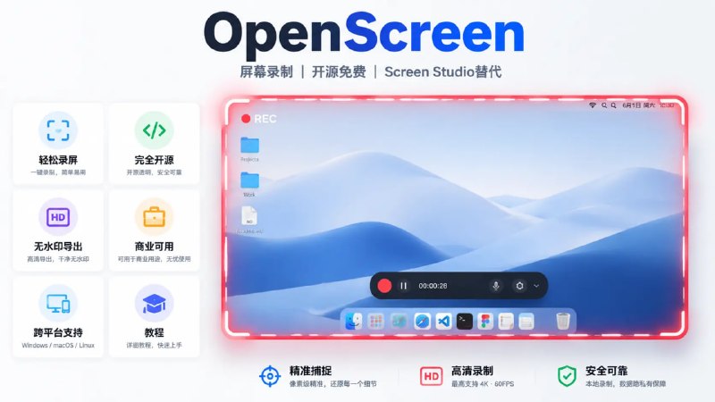 🔁 OpenScreen📦 屏幕录制 ｜ 开源免费 ｜ Screen Studio替代
