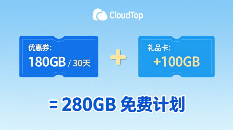 ☁️ CloudTop - 免费试用 (280GB) ☁️1️⃣ 优惠券: CloudTop520 (得 180GB)2️⃣ 礼品卡: CloudTop100 (再得 100GB)🌍 节点覆盖:🇭🇰 香港 | 🇯🇵 日本 | 🇹🇼 台湾⚙️ 协议类型:- Hysteria, VLESS🚀 点击注册⚠️ 白嫖须知:- 优惠券会过期！- 免费节点速度有限！- 佛系使用，不行就换！#白嫖机场 #CloudTop