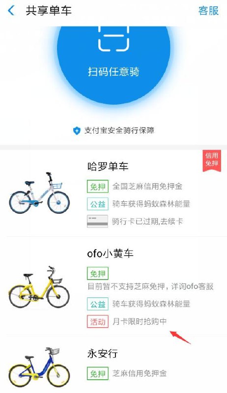 支付宝1元买ofo月卡可4次打开支付宝首页->更多->便民生活->共享单车->找到ofo进去买月卡，1元1月可买4次