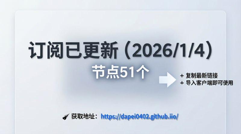 订阅已更新（2026/1/4）节点51个注意：打开网址进入复制订阅🚀 获取地址： 