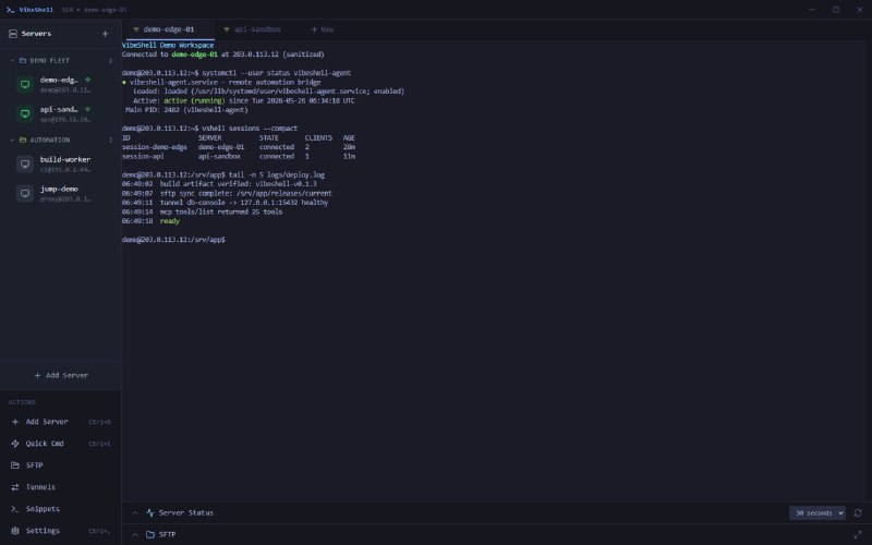 VibeShell | 为 AI 打造的SSH 客户端一个专为 AI 代理（Claude Code、Codex、MCP Agents 等） 设计的 SSH 客户端，让 AI 能够以安全、可控的方式直接管理你的服务器