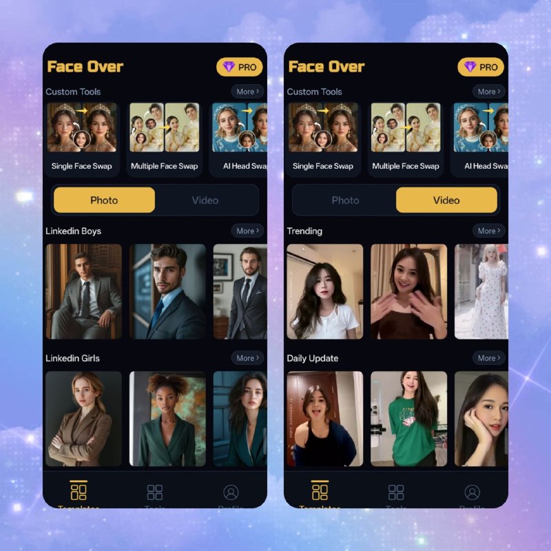 🔥 AI Face Over Pro📦 AI 换脸工具 ｜ v17 专业版➤ AI 智能换脸｜支持单人 / 多人换脸➤ 海量照片与视频模板创作➤ 照片动画｜一键生成会说话照片➤ AI 画质增强｜提升图片清晰度➤ 高级会员已解锁｜完整体验💡 一款集 AI 换脸、照片动画与画质增强于一体的创作工具，轻松打造高质量图片与视频内容📂 #Android  #AI 工具📁 Android / AI 创作