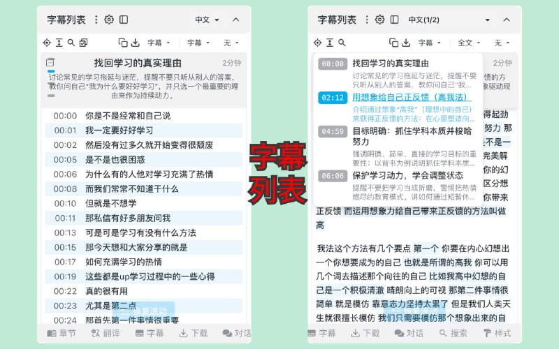 vCaptions - 网站视频的字幕列表一款可以给任意网站视频添加字幕列表的实用浏览器助手，特别支持 Bilibili（哔哩哔哩，B站）和 YouTube 视频