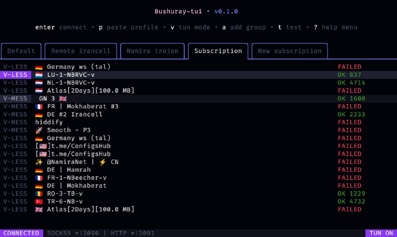 🔁 Bushuray TUI📦 Xray客户端 ｜ 终端代理工具 ｜ TUI界面➤ 键盘驱动｜专为终端用户设计的 TUI 客户端➤ Xray核心｜基于 Bushuray-core 构建➤ 多协议支持｜兼容 Xray 配置与代理规则➤ Tun模式｜支持实验性 Tun 网络接管➤ 轻量高效｜Go语言编写资源占用低➤ 极客风格｜适合 Linux / SSH / CLI 玩家🌐 项目地址：